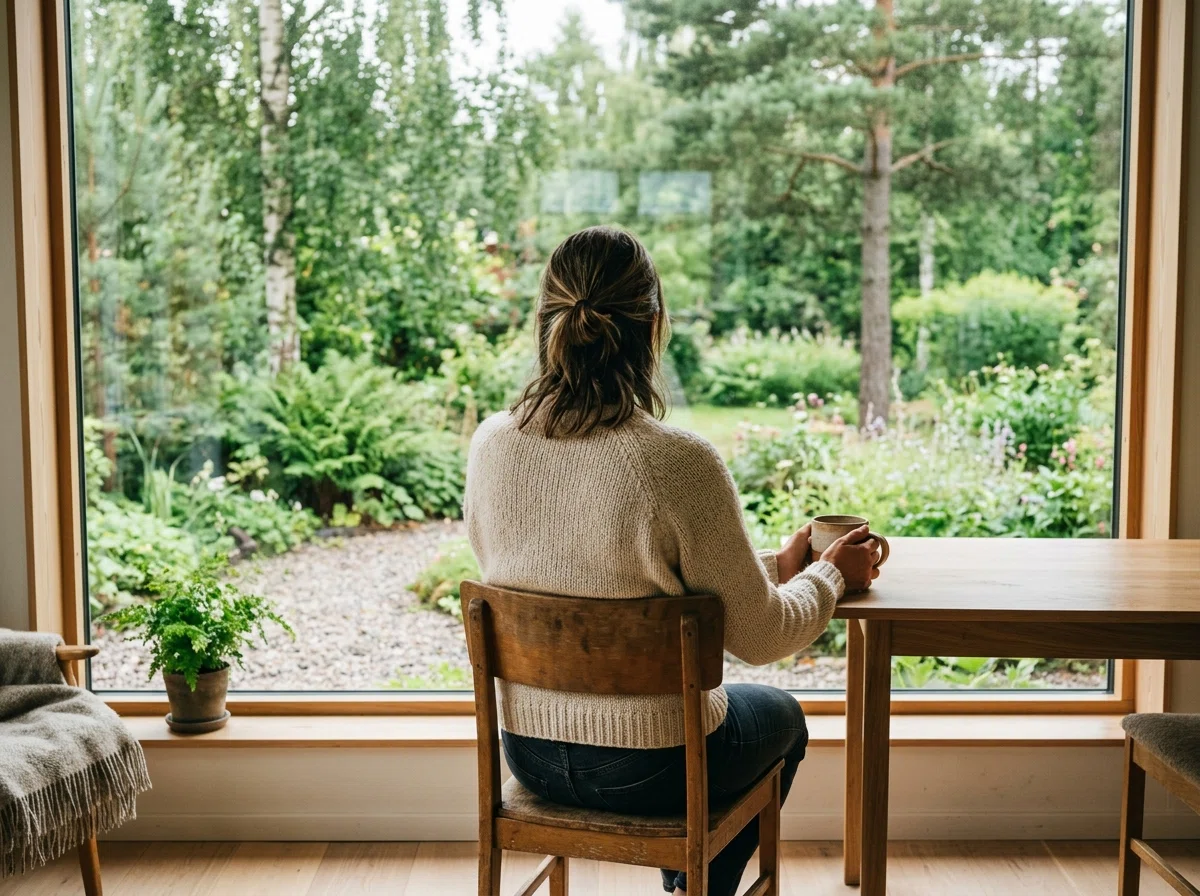 Person i avslappnad nordisk hemmiljö som njuter av en lugn morgonstund